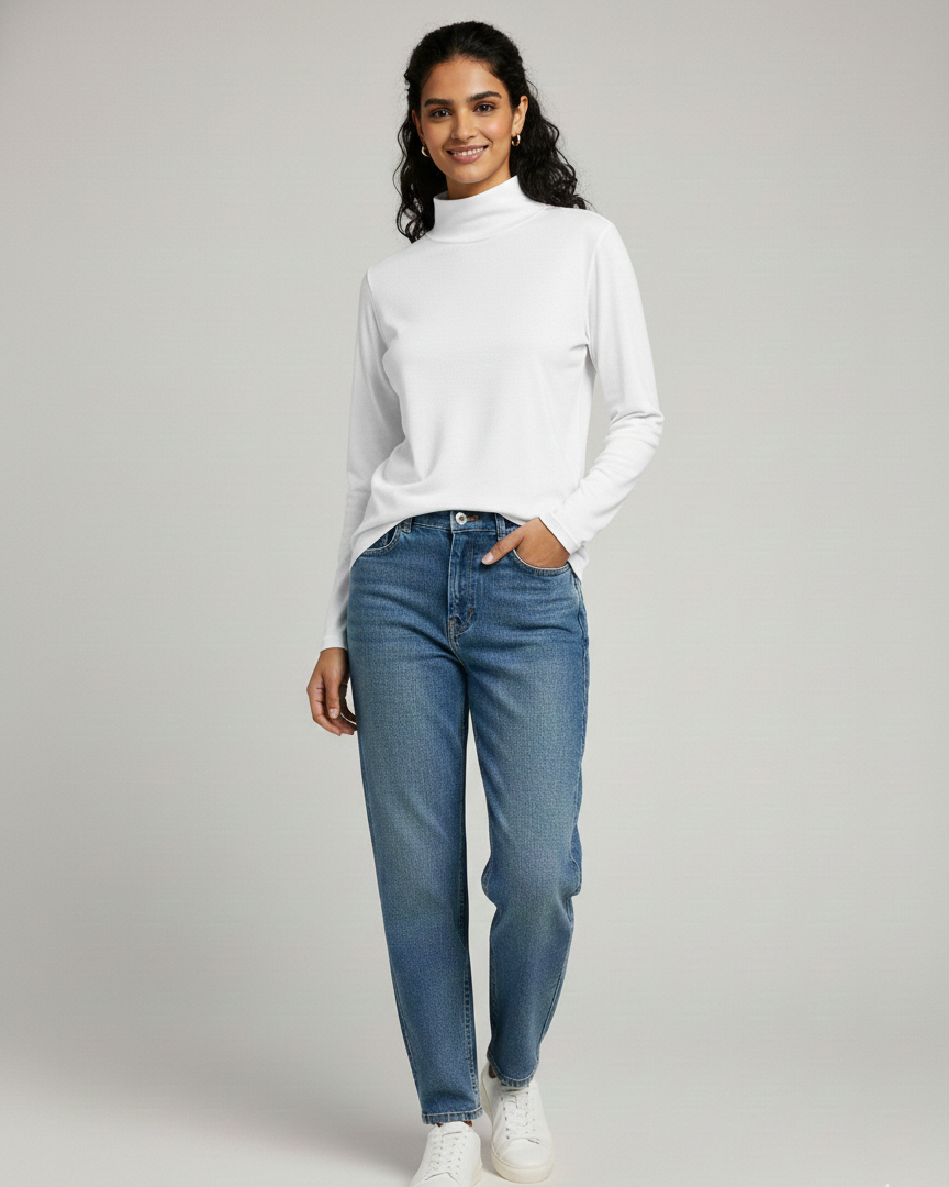 Woman wearing a white mock neck and blue jeans on a gray background