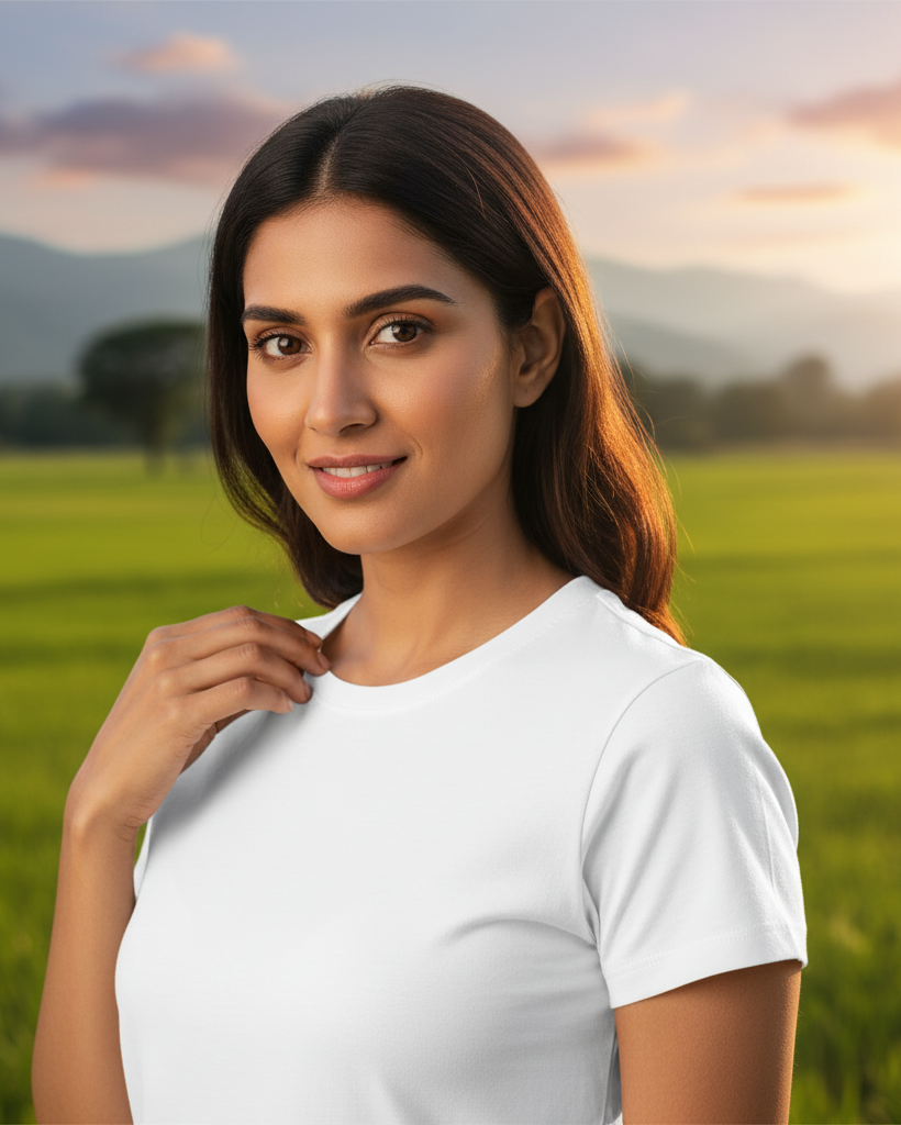 Woman wearing a white shirt standing in a field with a scenic background