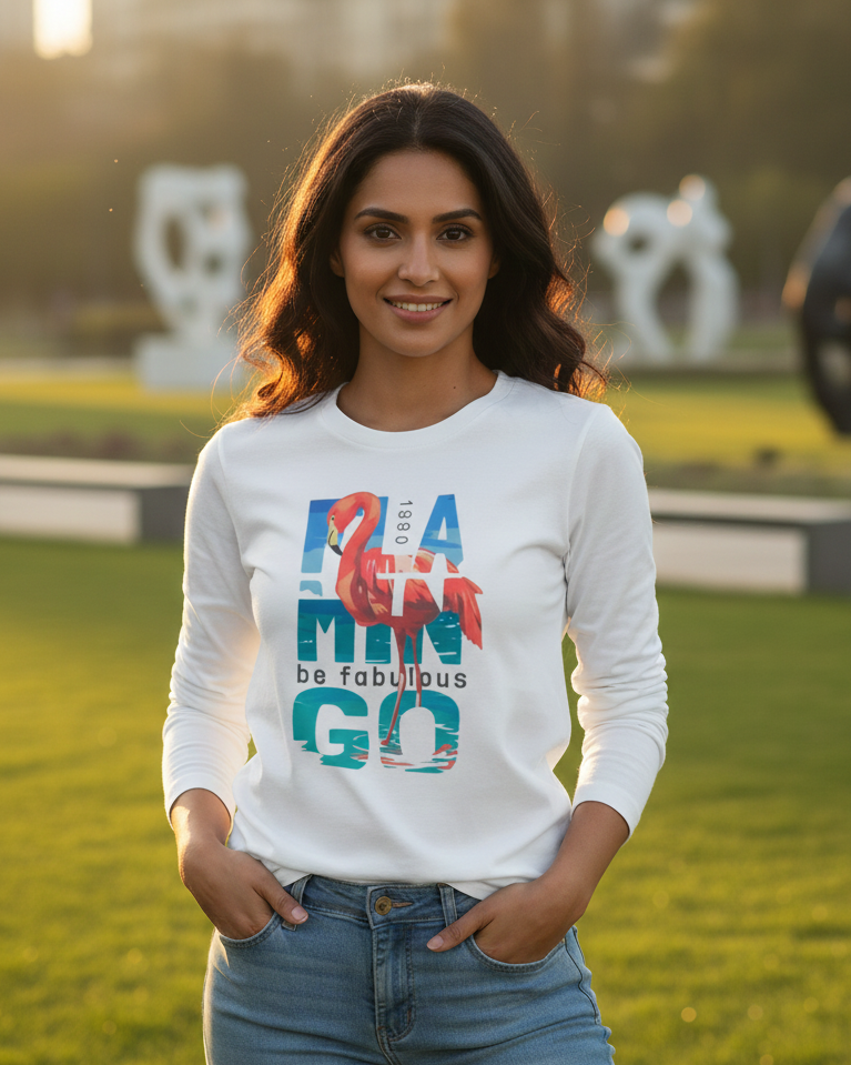 Woman wearing a white sweatshirt with colorful text and design, standing in an outdoor setting.