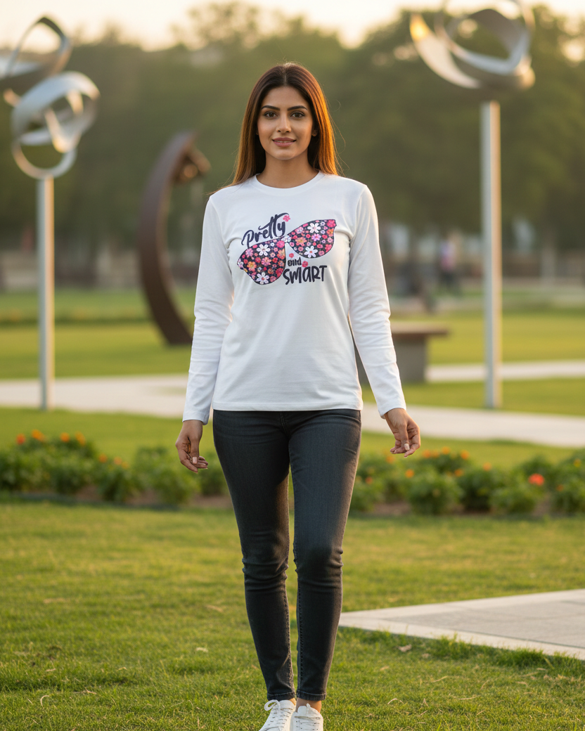 Woman wearing a white sweatshirt with floral design and text, standing in a park.