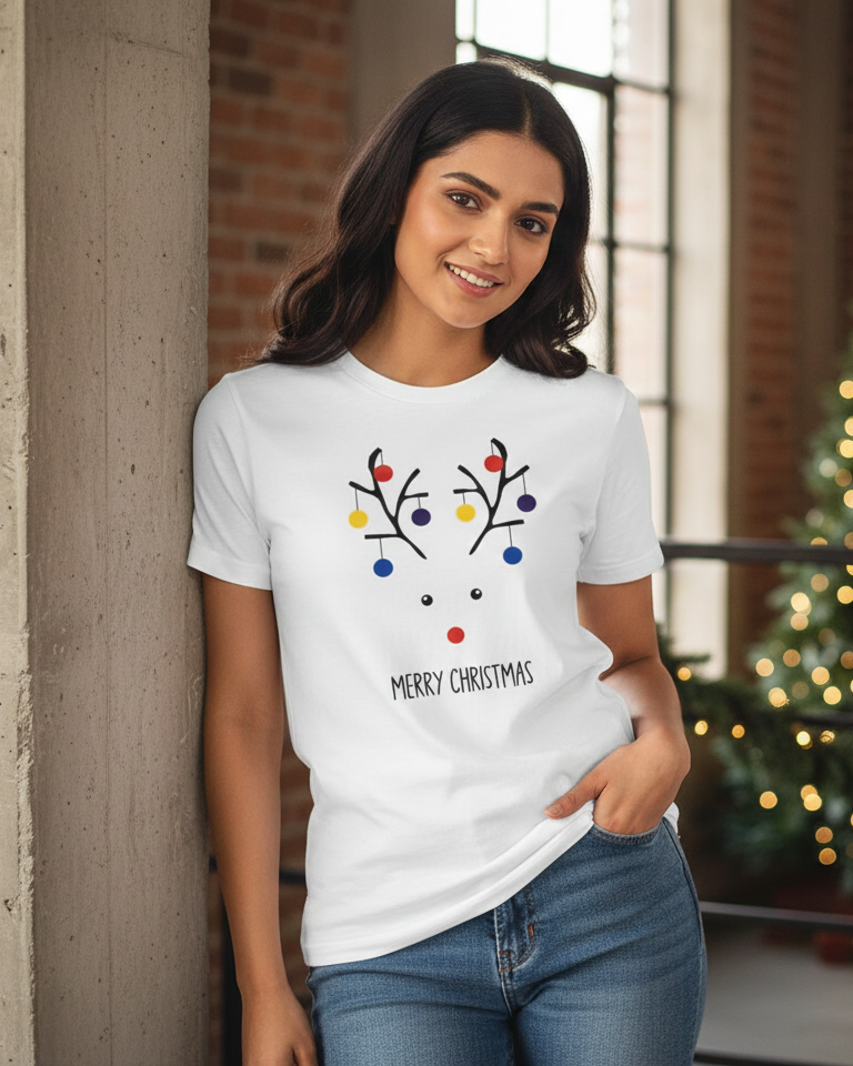 Woman wearing a white t-shirt with Christmas design in front of a decorated tree.