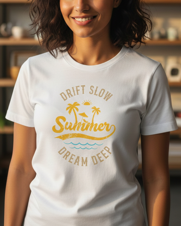 Woman wearing a white t-shirt with 'Drift Slow Summer Dream Deep' text and palm tree graphics in a room with shelves and plants.