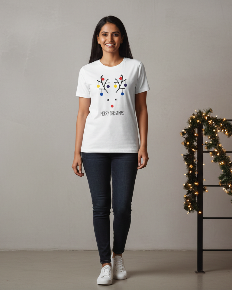 Woman wearing a white t-shirt with a colorful Christmas design and text, standing against a neutral background.