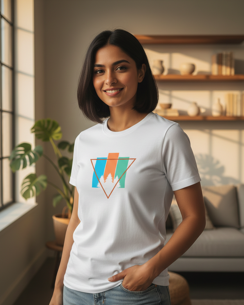 Woman wearing a white t-shirt with a colorful geometric design in a living room.