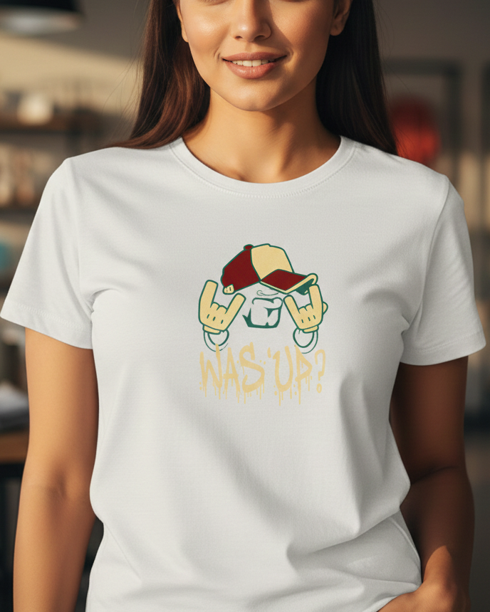Woman wearing a white t-shirt with a colorful graphic design in a casual setting