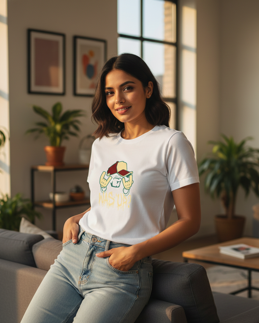 Woman wearing a white t-shirt with a colorful graphic design in a living room.