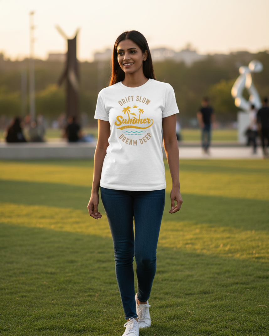Woman wearing a white t-shirt with a graphic design, walking on grass with a blurred background