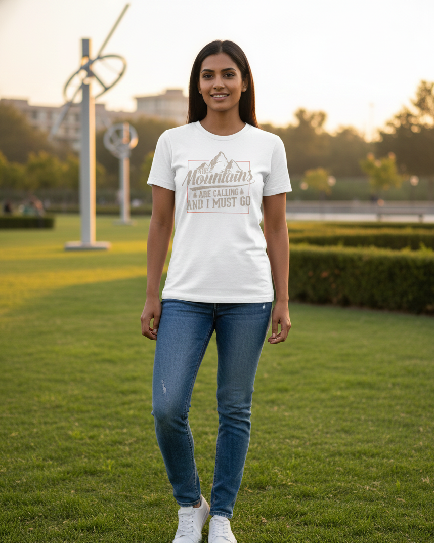 Woman wearing a white t-shirt with text and blue jeans standing on grass