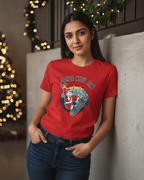 Women wearing a red t-shirt with a graphic design.