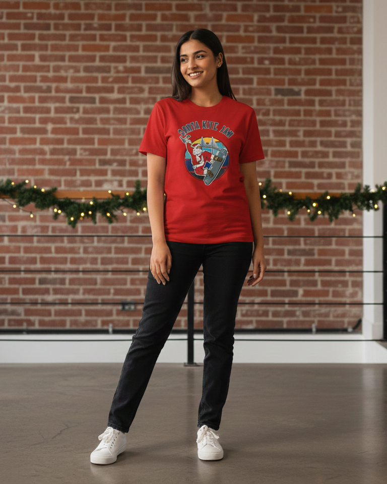 Women wearing a red t-shirt with a graphic design standing in front of a decorated Christmas .