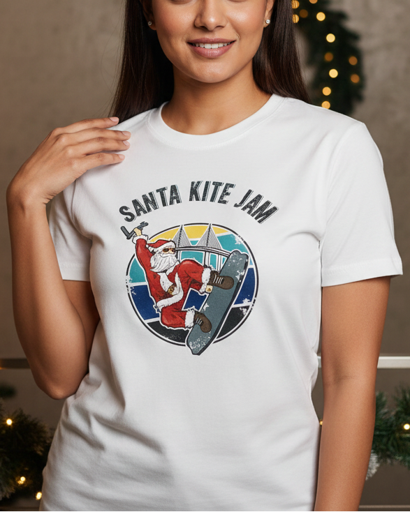 Women wearing a white t-shirt with a colorful graphic design in front of a brick wall.