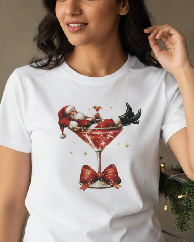 Women wearing a white t-shirt with a festive design of Santa Claus in a martini glass.