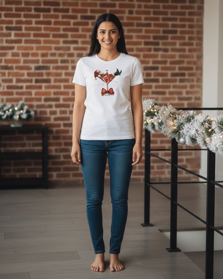 Women wearing a white t-shirt with a graphic design in front of a brick wall with decorative lights.