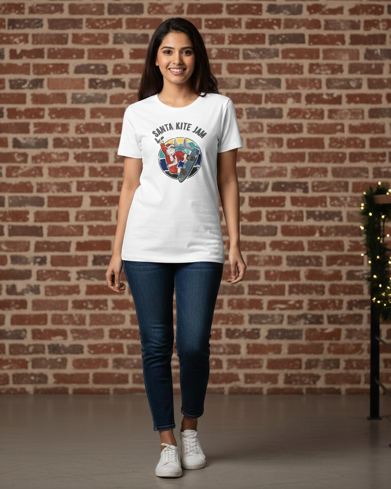 Women wearing a white t-shirt with graphics and text, standing against a brick wall with festive lights.