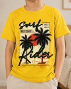 Boy wearing a Yellow Colour T-shirt with Urban print design standing in a bedroom background