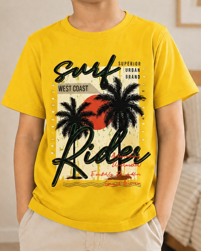 Boy wearing a Yellow Colour T-shirt with Urban print design standing in a bedroom background