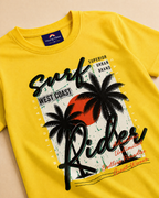 Yellow Colour T-shirt with close view of  Urban print design placed on the light beige background