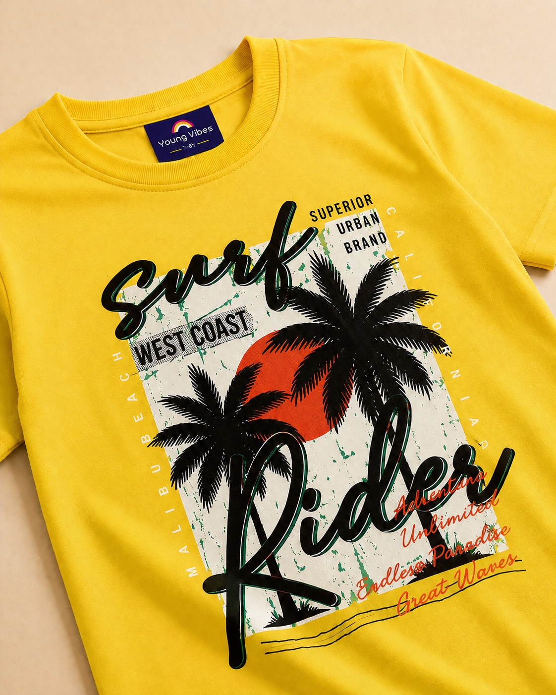 Yellow Colour T-shirt with close view of  Urban print design placed on the light beige background