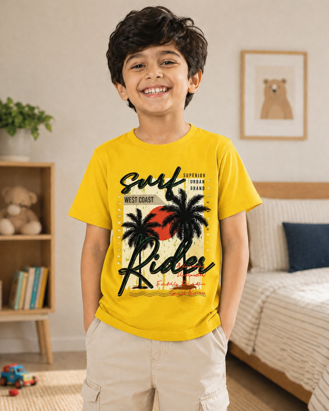 Boy wearing a Yellow Colour T-shirt with Urban print design standing in a bedroom background