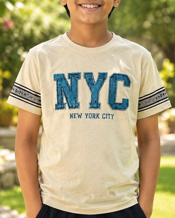 Boy wearing a  Yellow T-shirt with denim NYC print  close view