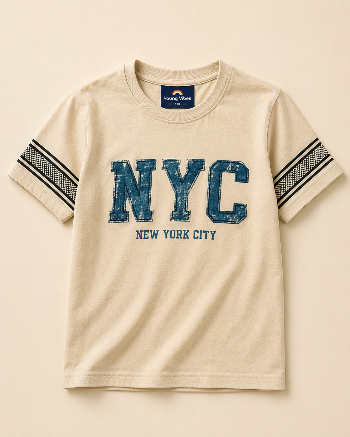 Yellow T-shirt with denim NYC print placed in light beige background