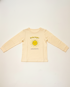 Yellow long-sleeve shirt with a sun graphic and text on a white background