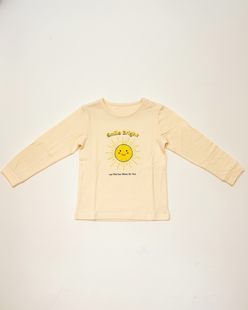 Yellow long-sleeve shirt with a sun graphic and text on a white background