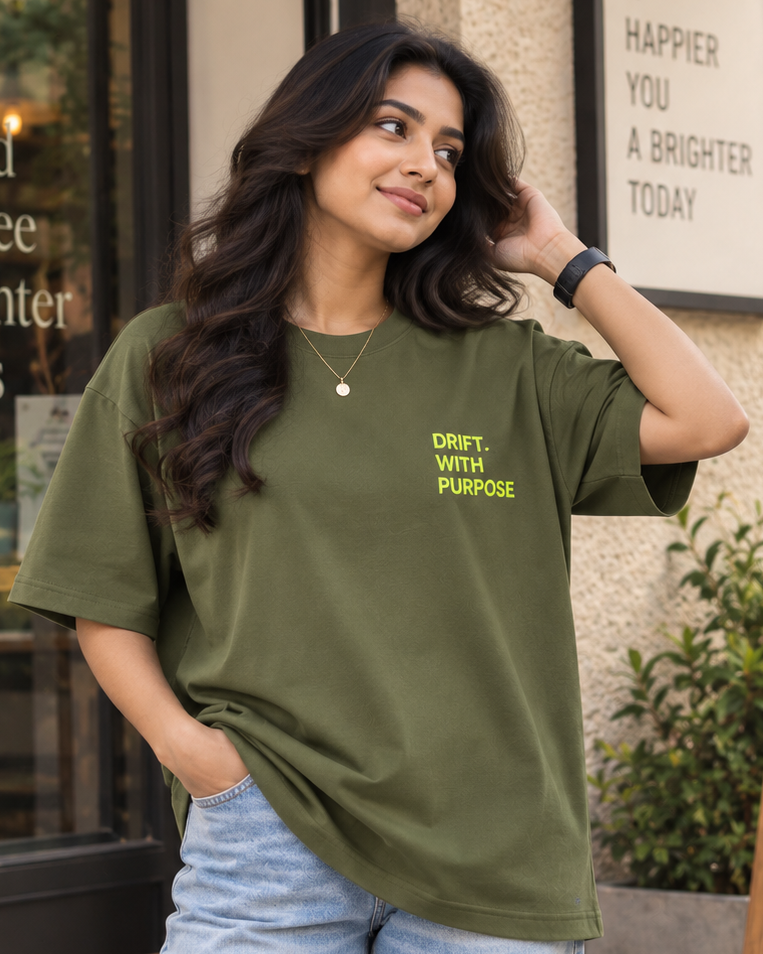 Young Women wearing a Drift With Purpose light green print in Olive Green Oversized T-shirt