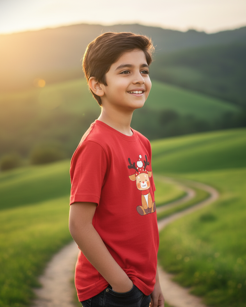 Young boy in a red shirt standing on a path with green hills and a sunset in the background