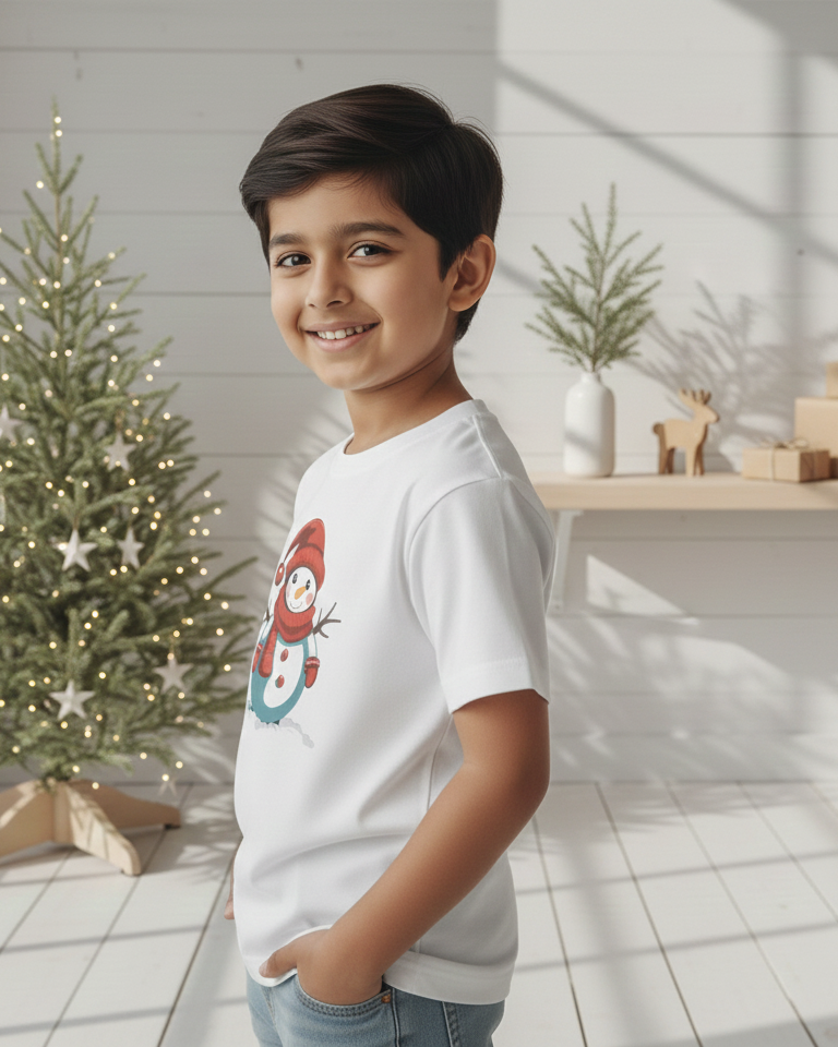 Young boy standing in a room with a decorated Christmas tree and wooden table.