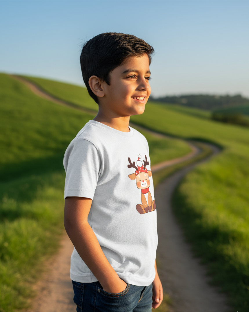 Young boy standing on a path with green fields and blue sky in the background
