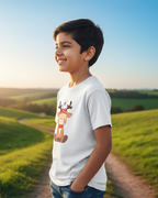 Young boy standing on a path with green fields and blue sky in the background