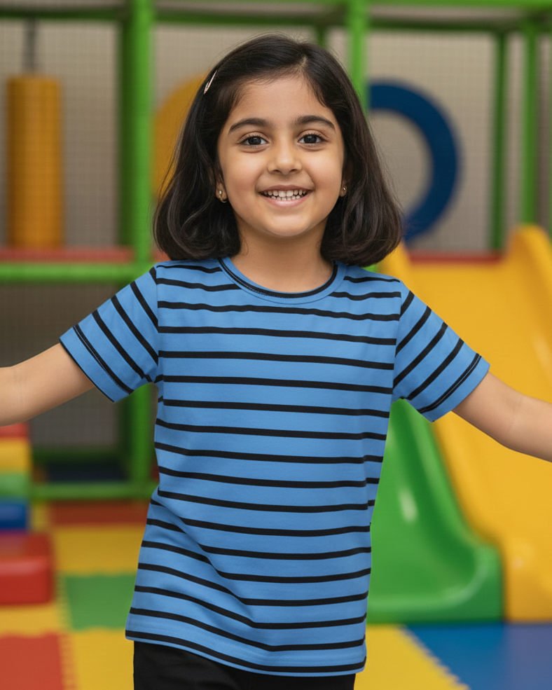 Young girl in a blue striped shirt standing in a colorful playground.