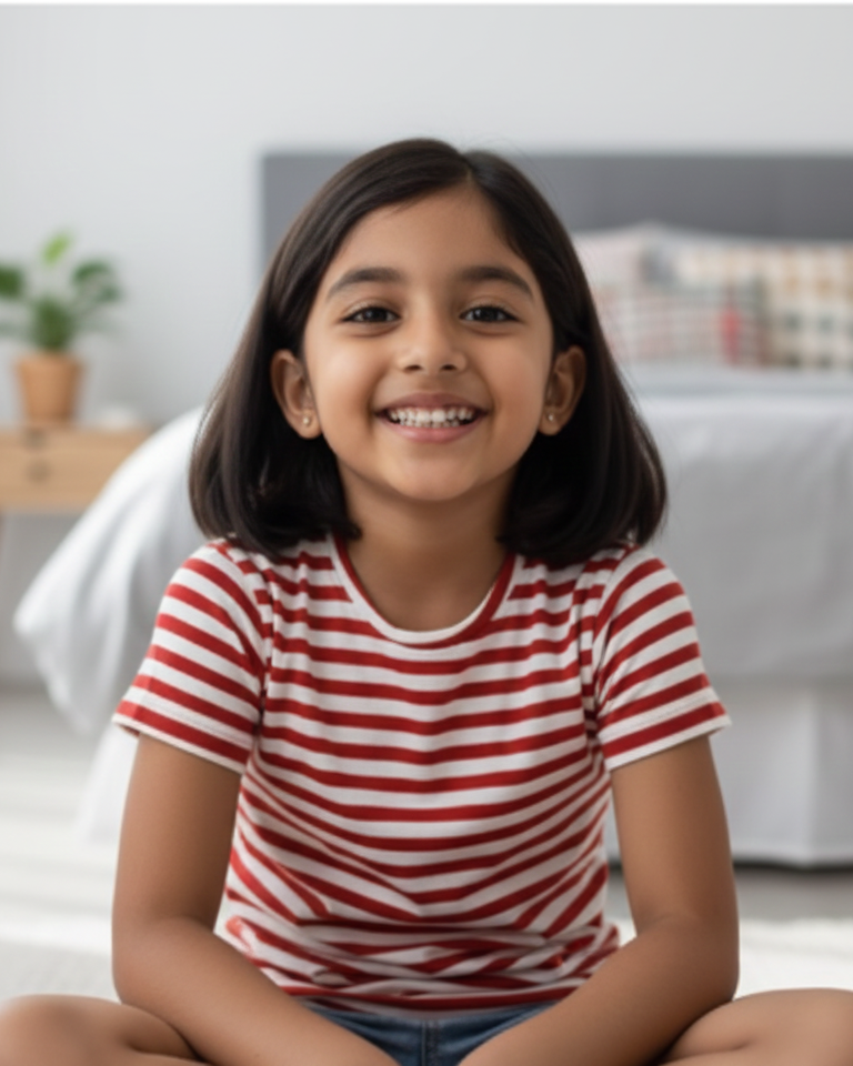 Young girl in a red and white striped shirt sitting on a bed in a bedroom.