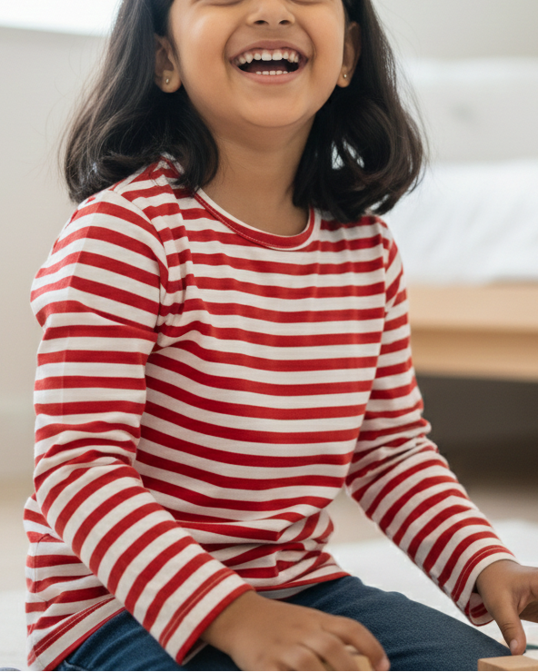Young girl in a red and white striped shirt sitting on a couch, smiling.