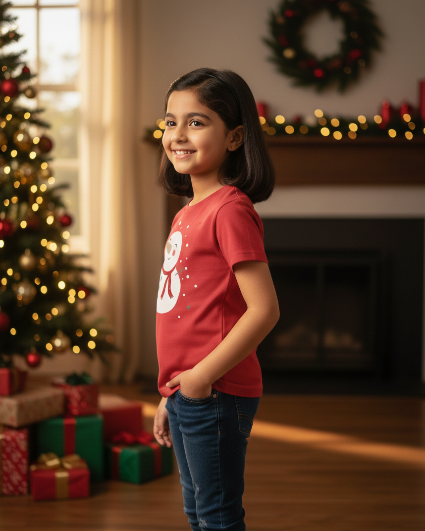 Young girl in a red shirt standing in a festive room with Christmas decorations.