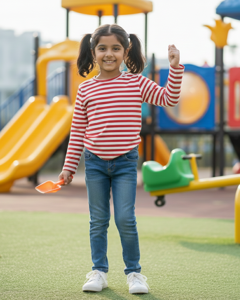 Young girl in a striped shirt and jeans standing on a playground with colorful equipment.