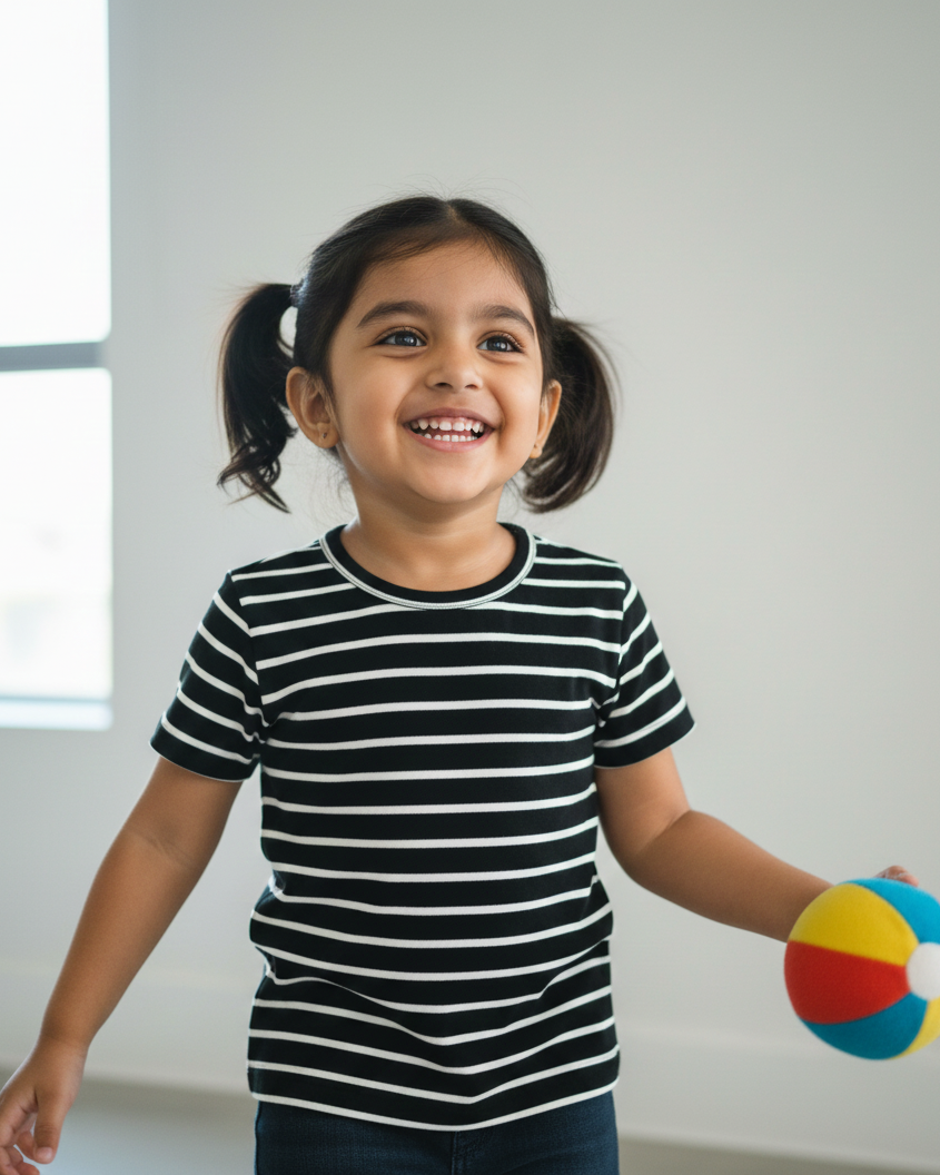 Young girl in a striped shirt holding a colorful ball indoors.