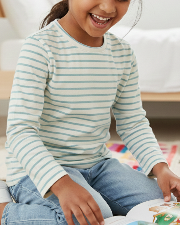 Young girl in a striped shirt sitting on the floor with a book in a room.