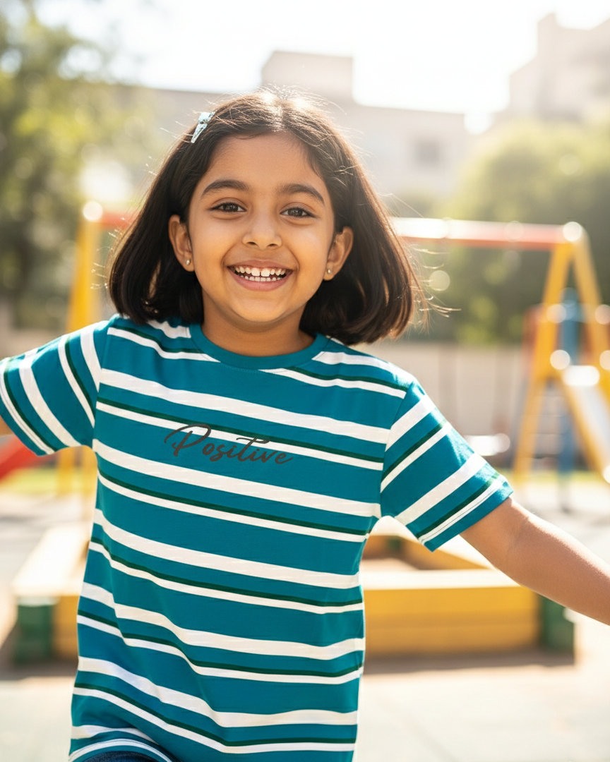Young girl in a striped shirt smiling outdoors with playground equipment in the background