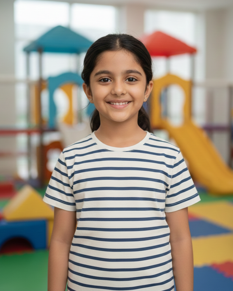 Young girl in a striped shirt standing in front of a colorful playground.