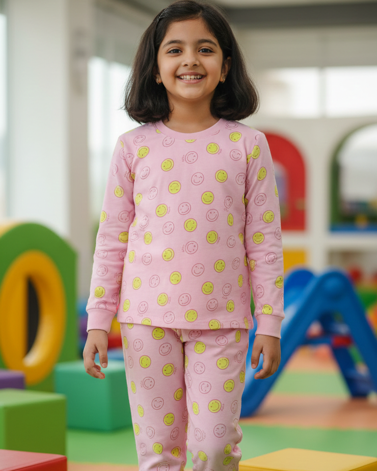 Young girl in pink pajamas with a pattern standing in a colorful playroom.