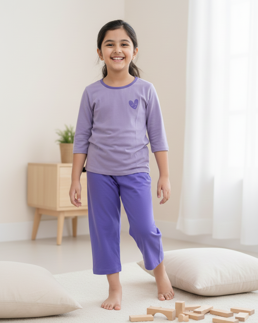 Young girl in purple pajamas standing on a light-colored floor with wooden blocks.