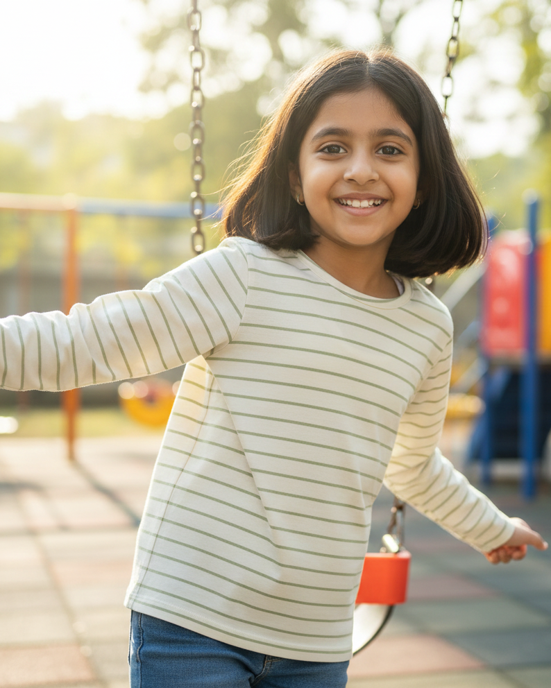 Young girl on a swing set in a playground