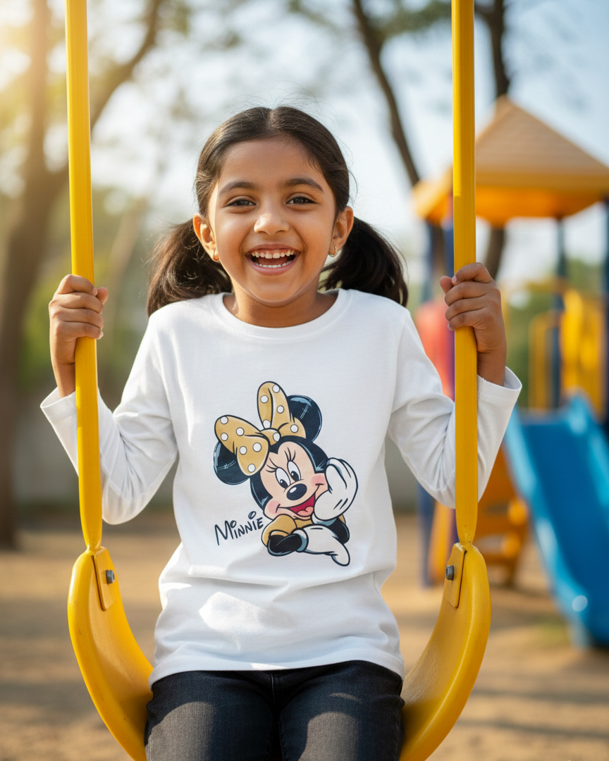 Young girl on a swing wearing a white shirt with a cartoon character, playground in the background