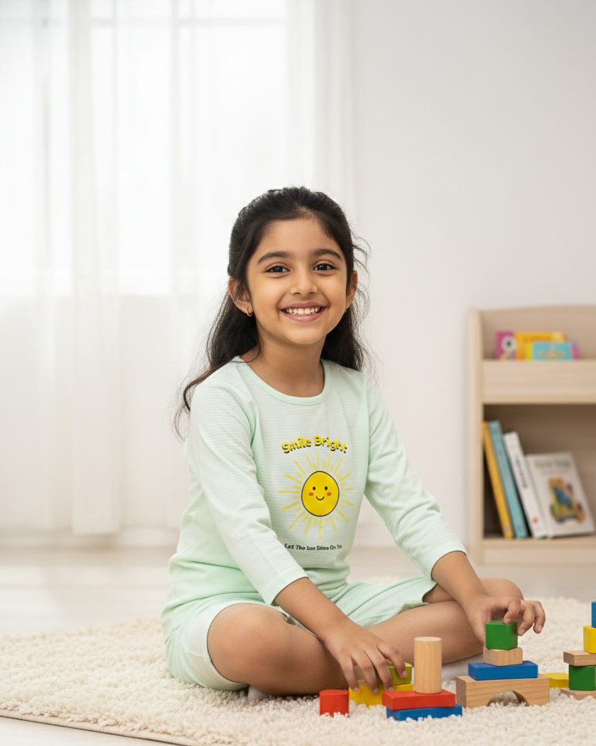 Young girl playing with colorful building blocks on a light-colored rug