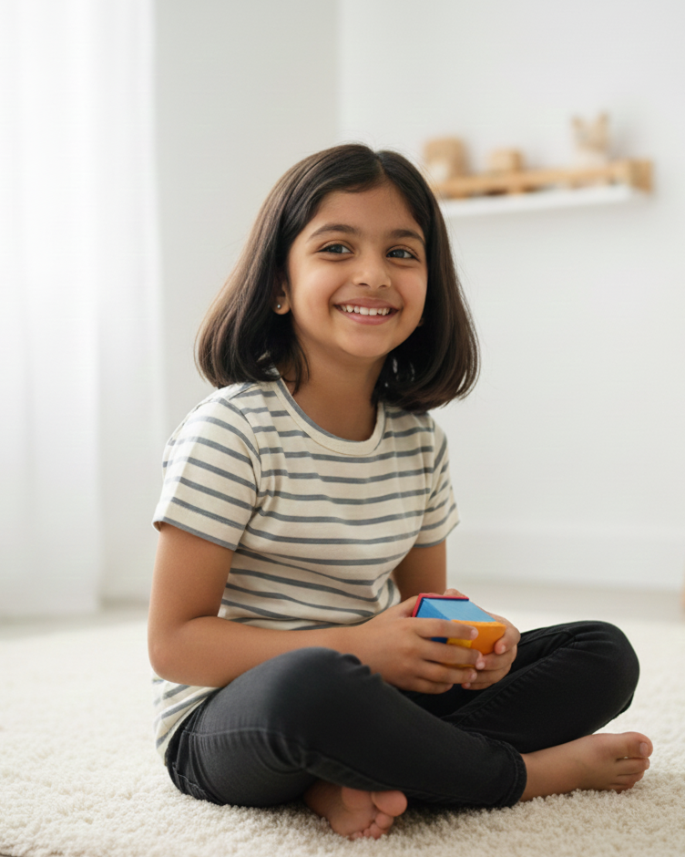 Young girl sitting on a carpeted floor holding a smartphone, smiling.