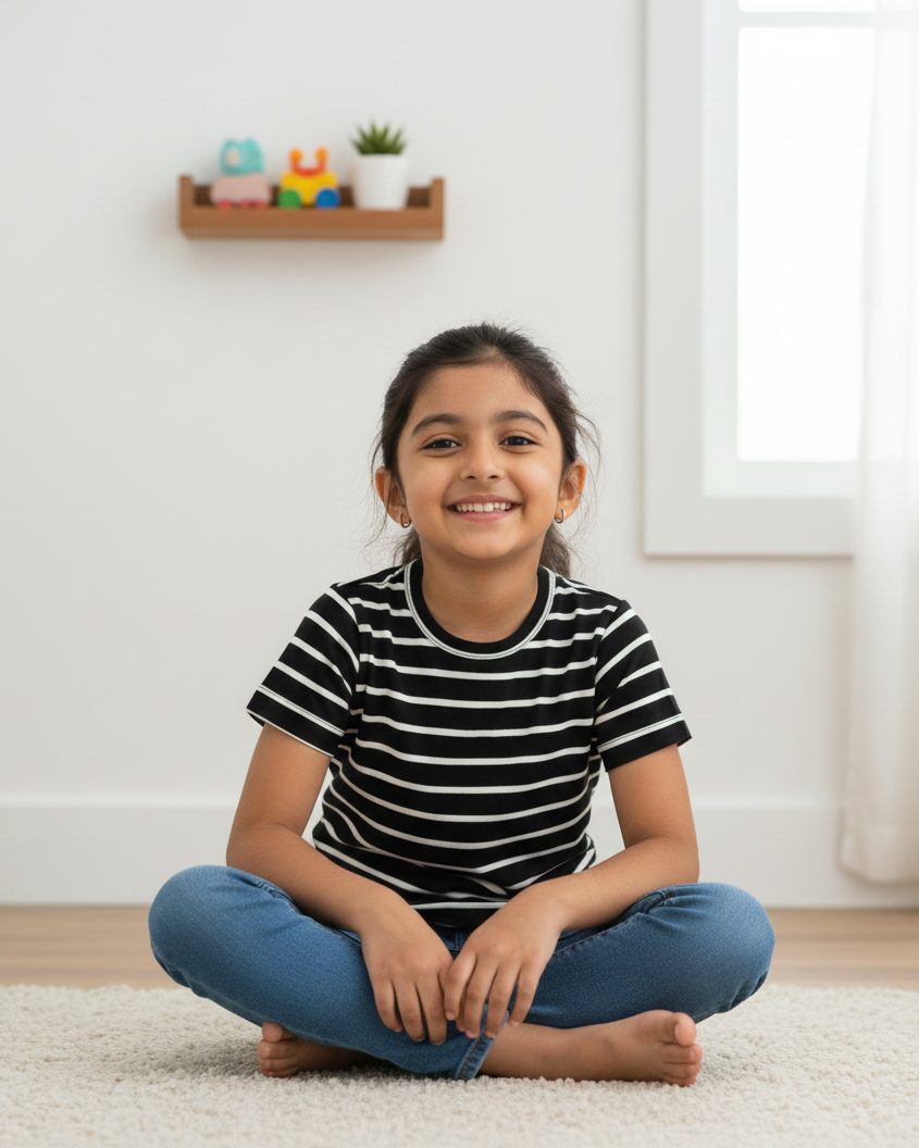 Young girl sitting on a carpeted floor in a room with a white wall and a shelf with toys.