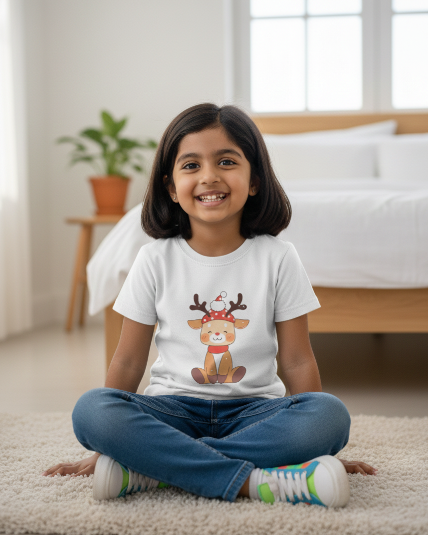 Young girl sitting on a carpeted floor wearing a t-shirt with a reindeer graphic in a bedroom.