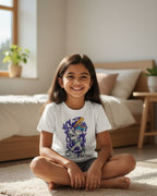 Young girl sitting on a rug in a bedroom wearing a white t-shirt with a graphic design.